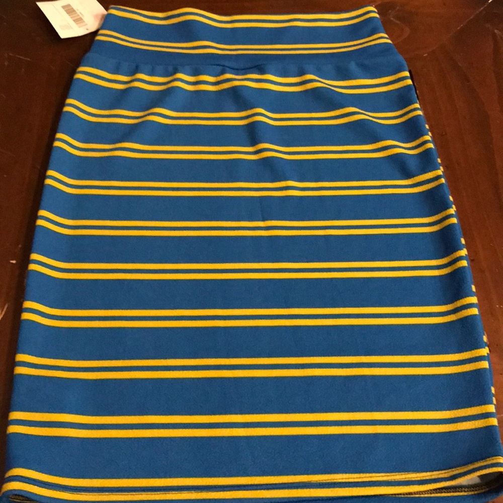 LuLaRoe Cassie Pencil Skirt.  Blue with mustard.